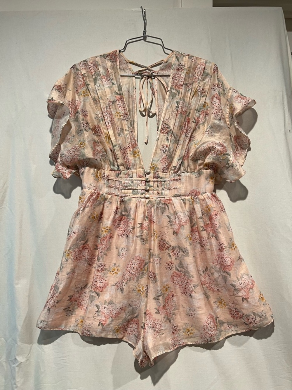 Storia Floral Romper Medium Tencel Linen Tie Back V Neck Ruffle Cottagecore